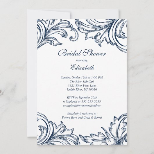 Damask Bridal Shower Invitation Blue Kaart (Voorkant)