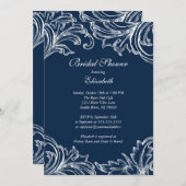 Damask Bridal Shower Invitation Navy Blue Kaart (Voorkant / Achterkant)