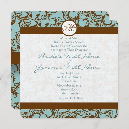 Damask Brown sur Deep Aqua Faire-part de mariage (Devant / Derrière)