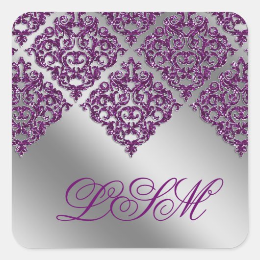 Damask Bruiloft Stickers Paarse Initiaal Sparkle (Voorkant)