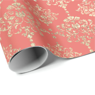 Damask Champagne Coral Royal Metallic Faux Gold Cadeaupapier