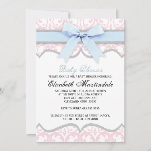 Damask Coeur bleu rose Baby shower Invitation (Devant)