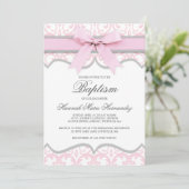 Damask Coeur rose Ruban Baptême Invitation (Debout devant)