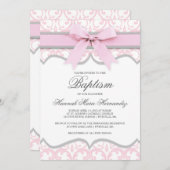 Damask Coeur rose Ruban Baptême Invitation (Devant / Derrière)