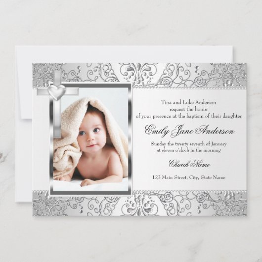 Damask & Cross Silver Photo Baptism Invite Kaart (Voorkant)