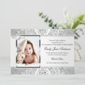 Damask & Cross Silver Photo Baptism Invite Kaart (Staand voorkant)