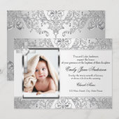 Damask & Cross Silver Photo Baptism Invite Kaart (Voorkant / Achterkant)