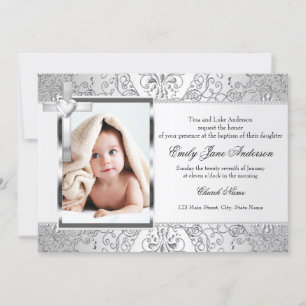 Damask & Cross Silver Photo Baptism Invite Kaart