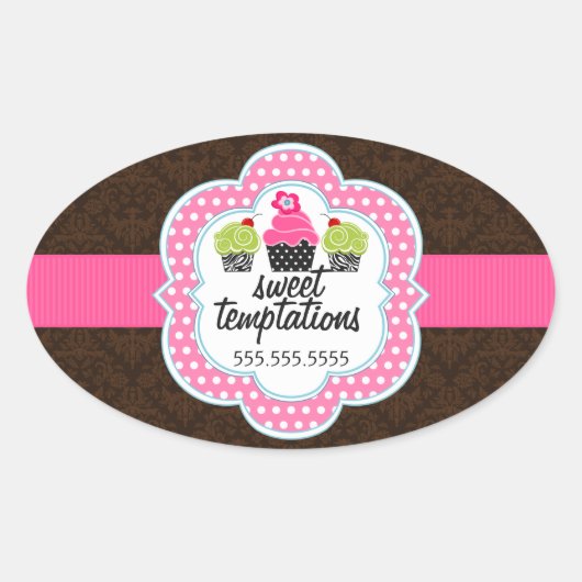 Damask Cupcake Bakkerij Business Ovale Sticker (Voorkant)