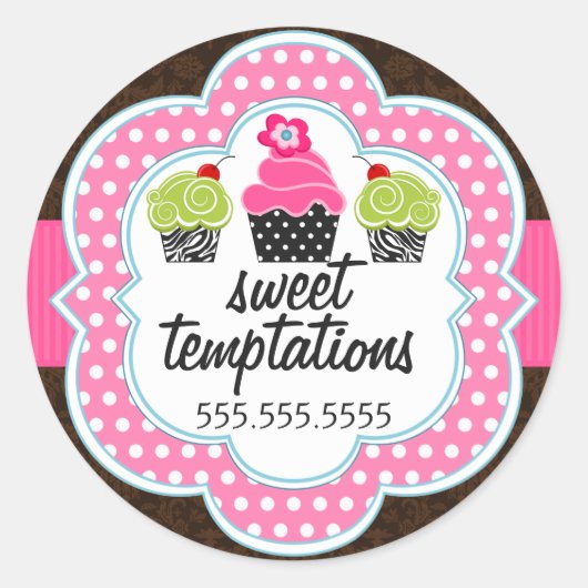 Damask Cupcake Bakkerij Business Ronde Sticker (Voorkant)