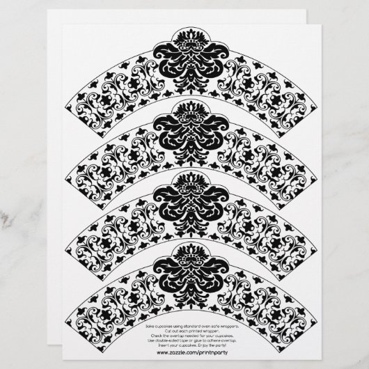 Damask Cupcake Wrapper Black op White (Voorkant / Achterkant)