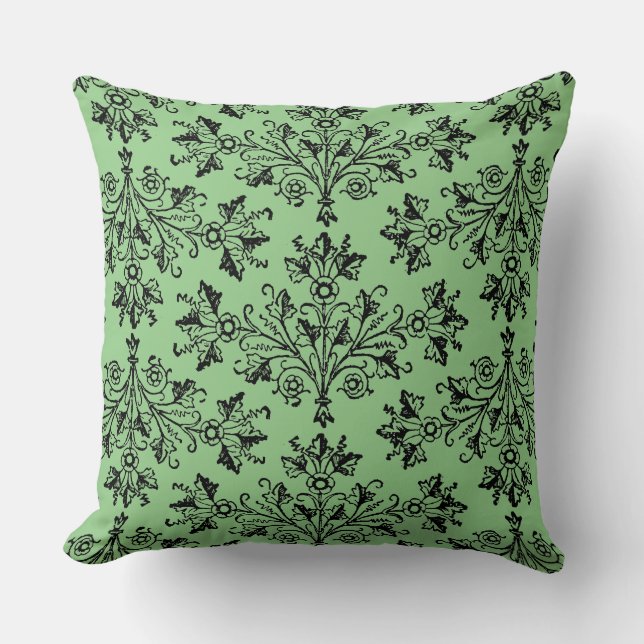 Damask Daisy Floral Black Sage Green Kussen (Voorkant)