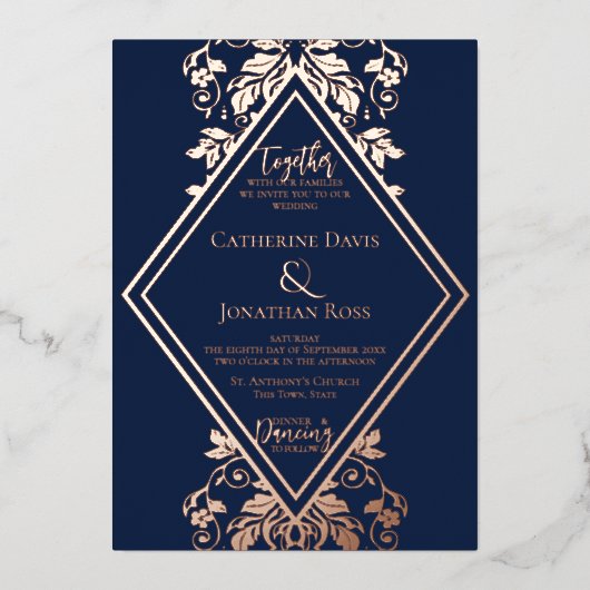 Damask Diamond Navy & Roos Wedding Folie Invitatio Folie Uitnodiging (Voorkant)
