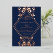 Damask Diamond Navy & Roos Wedding Folie Invitatio Folie Uitnodiging (Staand Voorkant)