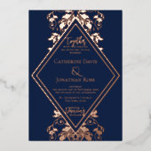 Damask Diamond Navy & Rose Mariage Foil Invitation (Recto)