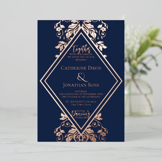 Damask Diamond Navy & Rose Mariage Foil Invitation (Debout devant)