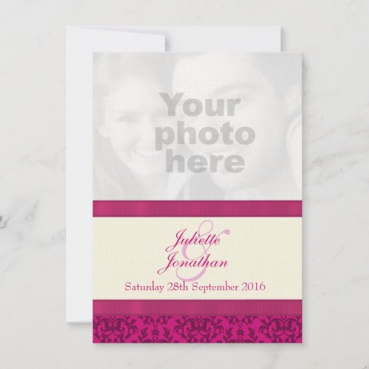 Damask donkerroze & crème bruiloft uitnodiging (Voorkant)