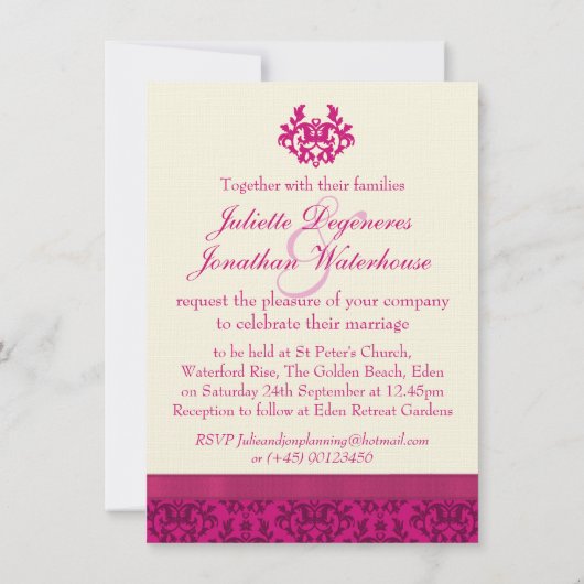 Damask donkerroze & crème bruiloft uitnodiging (Achterkant)