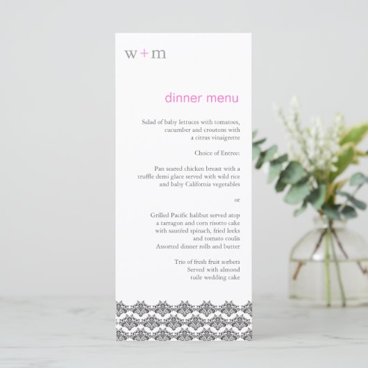 Damask Eenvoud Grijs Roze Trouwmenu Menu (Staand voorkant)