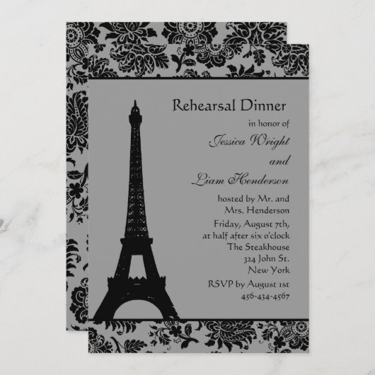 Damask Eiffel Tower Rehearsal Dinner Kaart (Voorkant / Achterkant)
