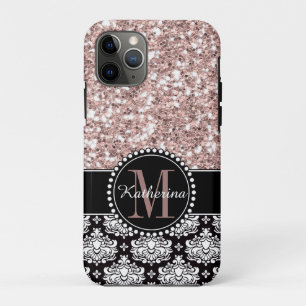 Damask en Pink Glitter, Monogrammed iPhone 11 Pro Hoesje