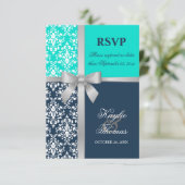 Damask Faux Silver Ribbon Marine Mariage RSVP (Debout devant)