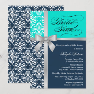 Damask Faux Silver Ribbon Navy Aqua Vrijgezellenfe Kaart