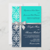 Damask Faux Silver Ribbon Navy Aqua Wedding Kaart (Voorkant)