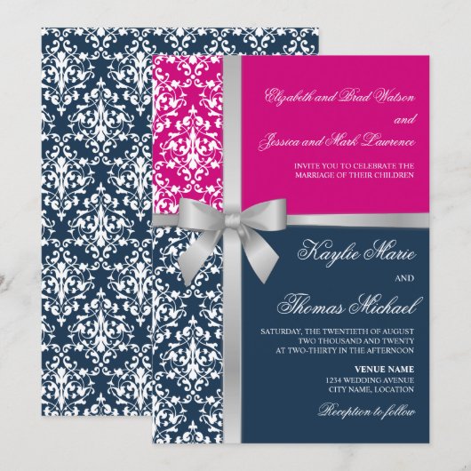 Damask Faux Silver Ribbon Navy Fuchsia Wedding Kaart (Voorkant / Achterkant)