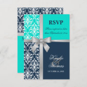 Damask Faux Silver Ribbon Navy Wedding RSVP (Voorkant / Achterkant)