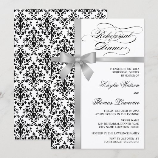 Damask Faux Silver Ribbon Rehearsal Dinner Kaart (Voorkant / Achterkant)