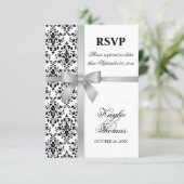 Damask Faux Silver Ribbon Wedding RSVP Kaart (Staand voorkant)