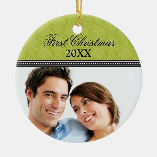 Damask First Kerstbruiloft Ornament (olijf) (Voorkant)