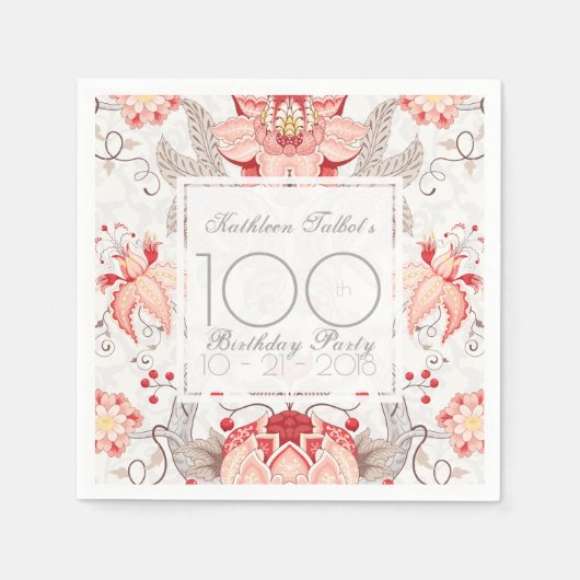Damask Floral 100ste Verjaardag Party Papier serve Servetten (Voorkant)