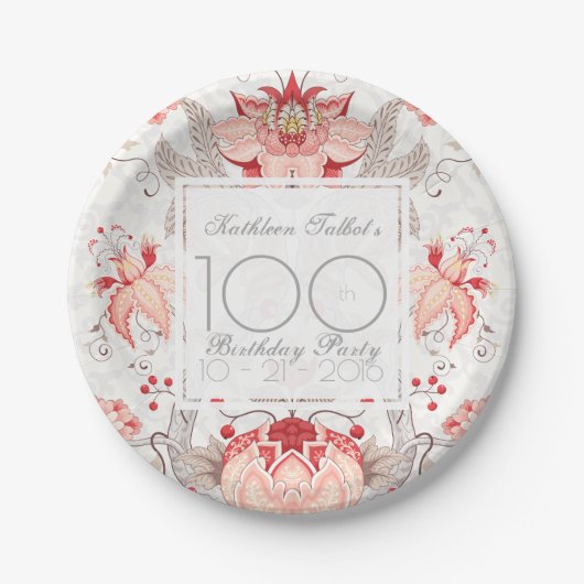Damask Floral 100th Birthday Party Paper Bord (Voorkant)
