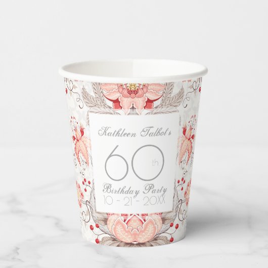 Damask Floral 60e verjaardag Party Paper Cup Papieren Bekers (Links)