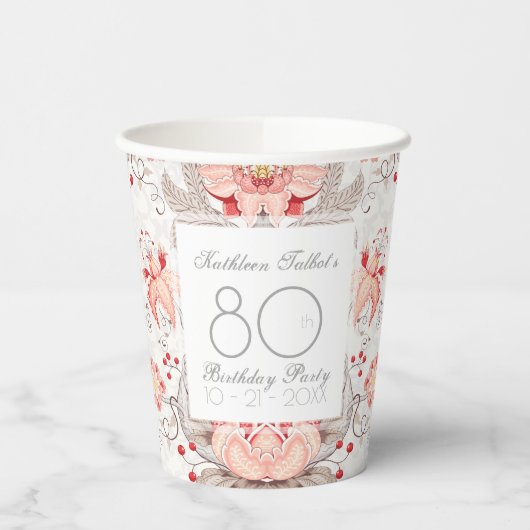 Damask Floral 80e verjaardag partij papier beker (Links)