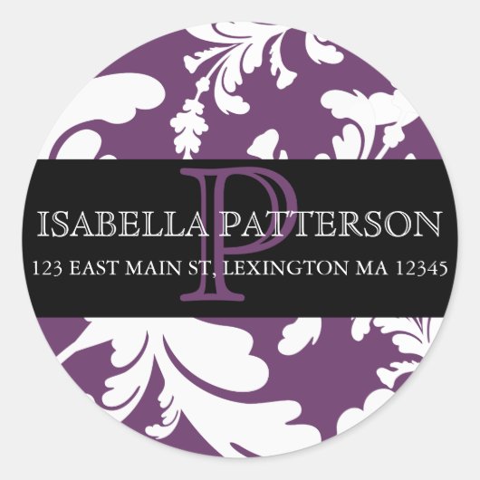 Damask Floral Monogram Cirkel Adres Label (Voorkant)