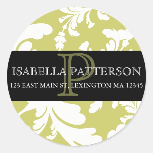 Damask Floral Monogram Cirkel Adres Label (Voorkant)