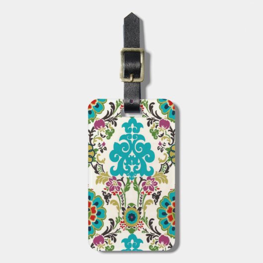 Damask Floral Pattern Plum Turquoise Bagagelabel (Voorkant verticaal)