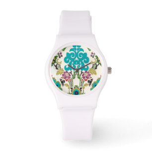 Damask Floral Pattern Plum Turquoise Horloge