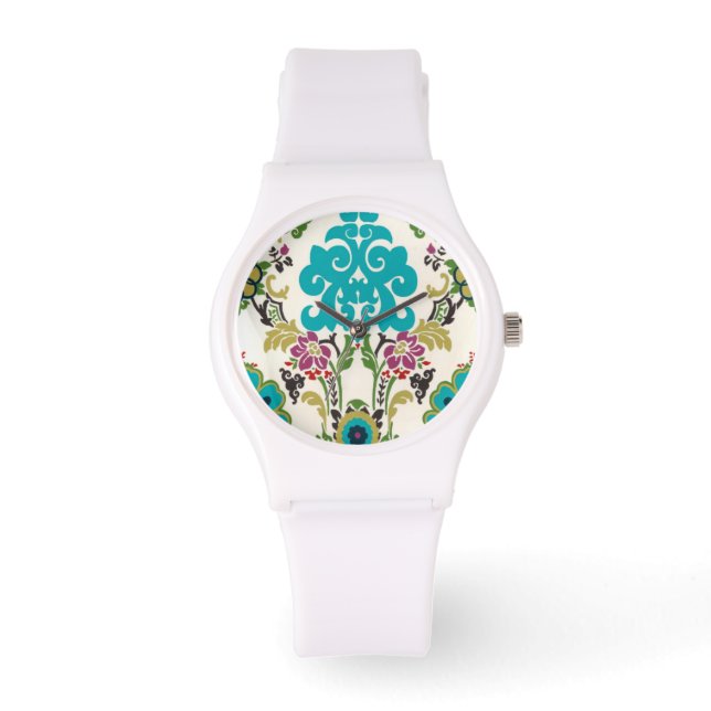 Damask Floral Pattern Plum Turquoise Horloge (Voorkant)