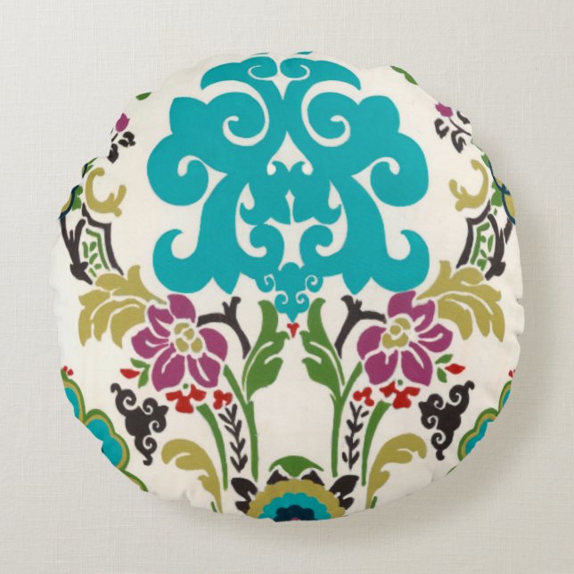 Damask Floral Pattern Plum Turquoise Rond Kussen (Voorkant)