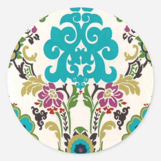 Damask Floral Pattern Plum Turquoise Ronde Sticker (Voorkant)