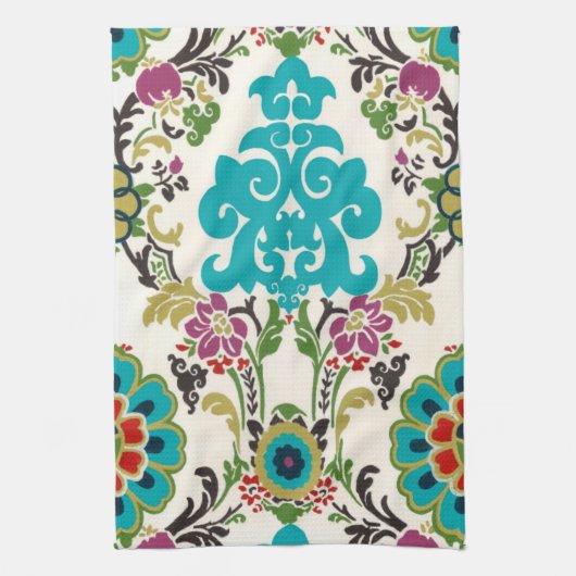 Damask Floral Pattern Plum Turquoise Theedoek (Verticaal)