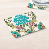 Damask Floral Pattern Plum Turquoise Vierkante Kartonnen Onderzetter (Schuin)