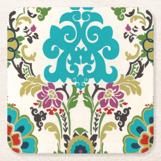 Damask Floral Pattern Plum Turquoise Vierkante Kartonnen Onderzetter (Voorkant)