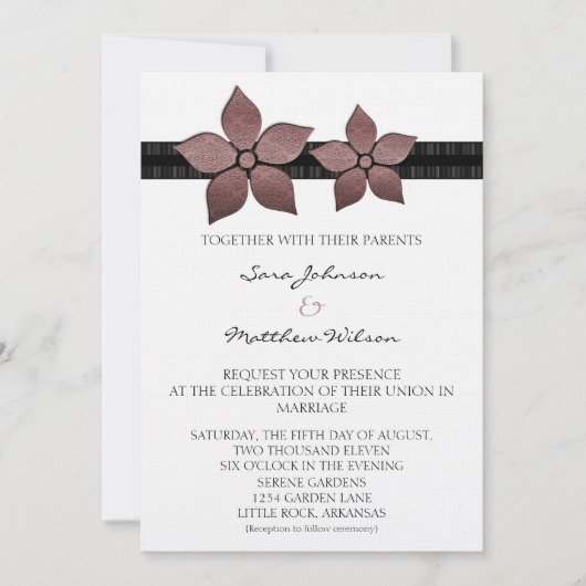 Damask Flowers Striped Border Wedding Invite Kaart (Voorkant)