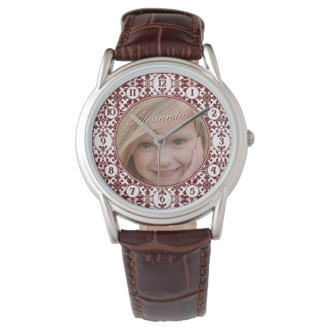  Damask Foto & Monogram Horloge (Voorkant)