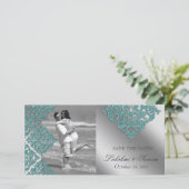 Damask Fotokaart Save the Date Glans Teal (Staand voorkant)